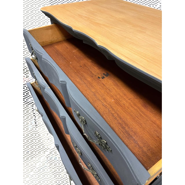 French Vintage Tall 6 Drawer Dresser Painted Deep Gray French Hardware Natural Wood Top For Sale - Image 3 of 12