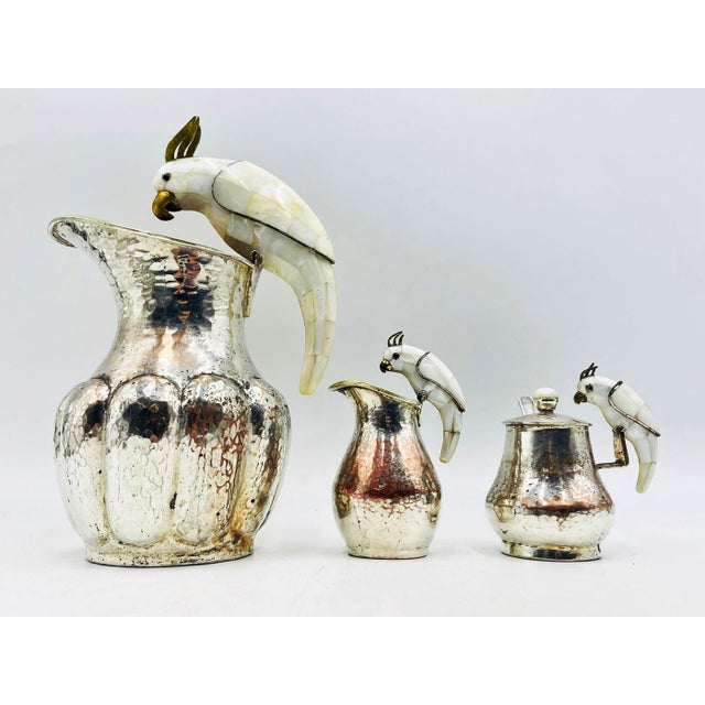 Los Castillo 1960s Los Castillo Taxco Parrot Pitcher Tea Set Silver Plate Hardstone - 4pcs For Sale - Image 4 of 18