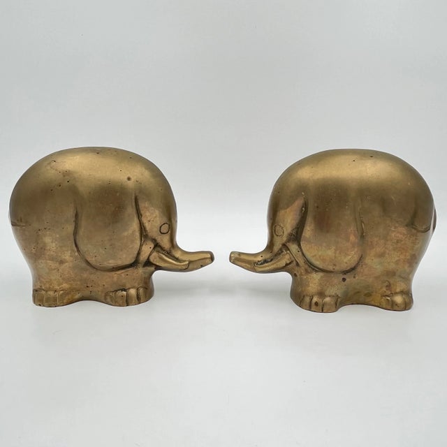 Mid-Century Modern Mid-Century Brass Elephant Bookend or Doorstop Sculptures Made in Korea - A Pair For Sale - Image 3 of 11