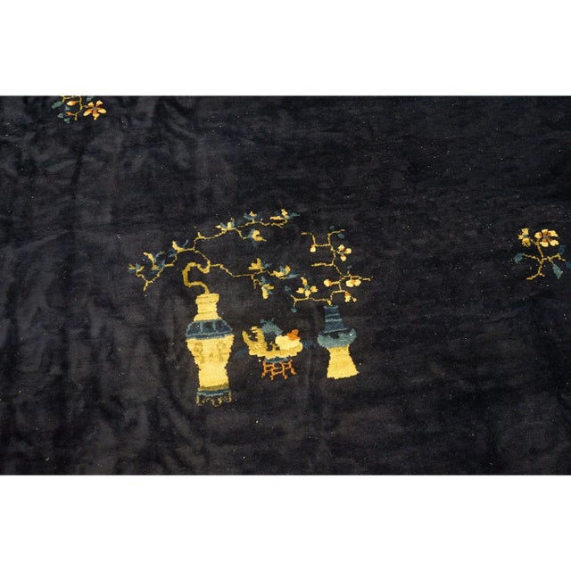 Antique Chinese Wool Blue Rug Art Deco Design Room Size 1920s 9' 1" X 11' 5" For Sale - Image 9 of 10