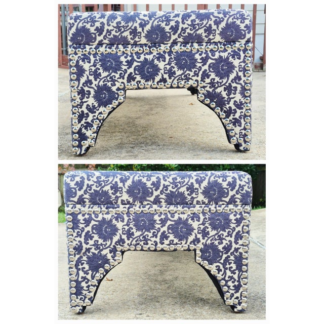 Ralph Lauren Style Oversized (5' Long) Blue & White Floral Upholstered Ottoman Bench For Sale In Washington DC - Image 6 of 9