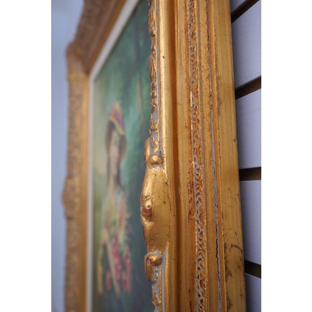 Gold Girl With Flowers Framed Oil on Canvas Painting For Sale - Image 8 of 12