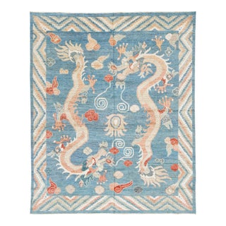 Contemporary Oriental Mythological Dragon Rug - Sky Blue & Terracotta Wool 8x10 For Sale