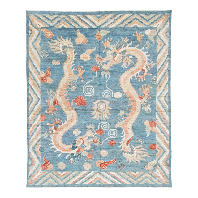 Contemporary Oriental Mythological Dragon Rug - Sky Blue & Terracotta Wool 8x10 For Sale