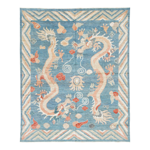 Contemporary Oriental Mythological Dragon Rug - Sky Blue & Terracotta Wool 8x10