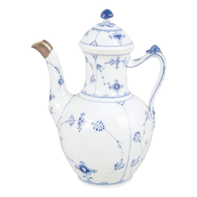 Blue Fluted Plain Coffee Pot with Silver Mount from Royal Copenhagen, 1920s For Sale