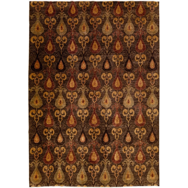 Brown Brown Modern Ikat Handmade Geometric Pattern Designed Wool Rug For Sale - Image 8 of 8