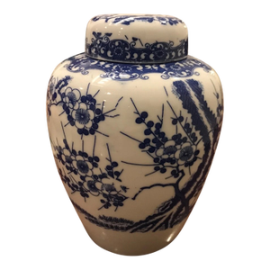 Vintage White and Blue Cherry Blossoms Porcelain Ginger Jar
