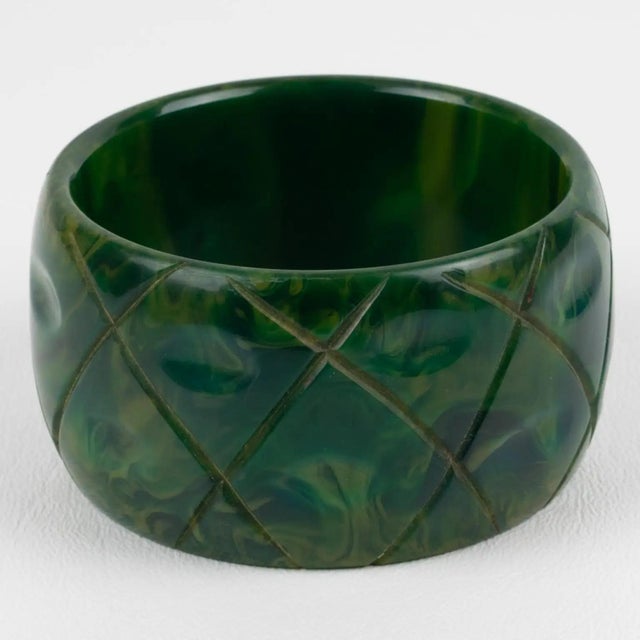 1940s Bakelite Bracelet Bangle BlueMoon with Carving For Sale - Image 5 of 7