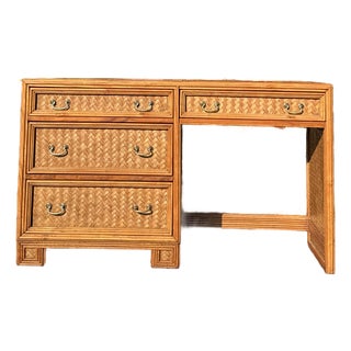 Vintage Whitecraft Bamboo & Rattan Writing Desk With Glass Top For Sale