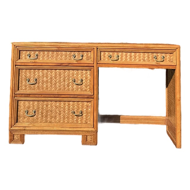 Vintage Whitecraft Bamboo & Rattan Writing Desk With Glass Top For Sale