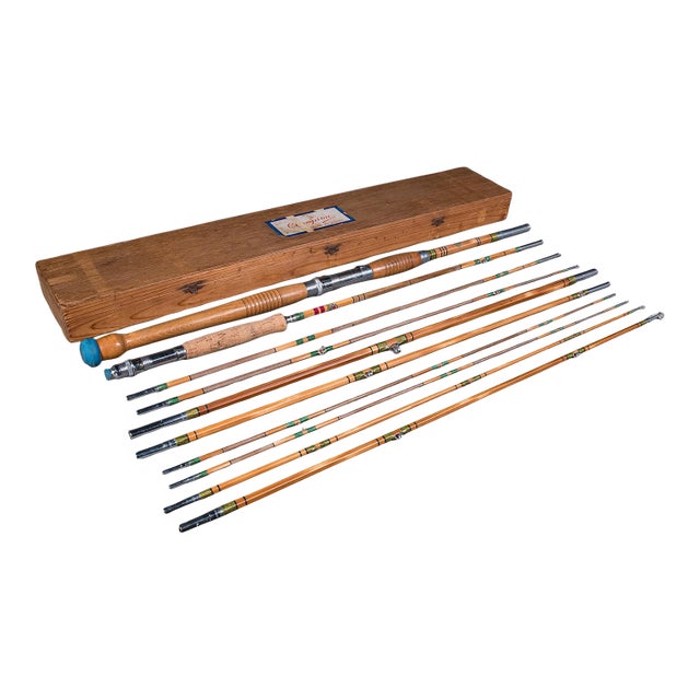Vintage 2 Fishing Rod Case, Japanese, Bamboo, 11ft, 8ft, Champion, Mid Century For Sale