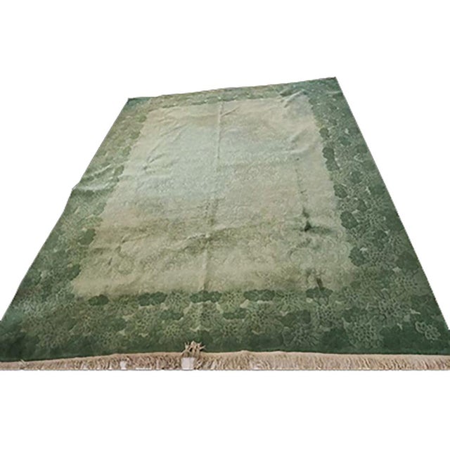 1930s Green Floral Antique Chinese Art Deco Rug 9' X 12' Handknotted Wool Carpet For Sale - Image 4 of 4