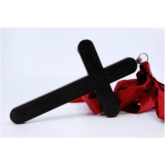 Metal Wooden Cross with Silver Applications and Jesus Crucified with Red Fabric For Sale - Image 7 of 9