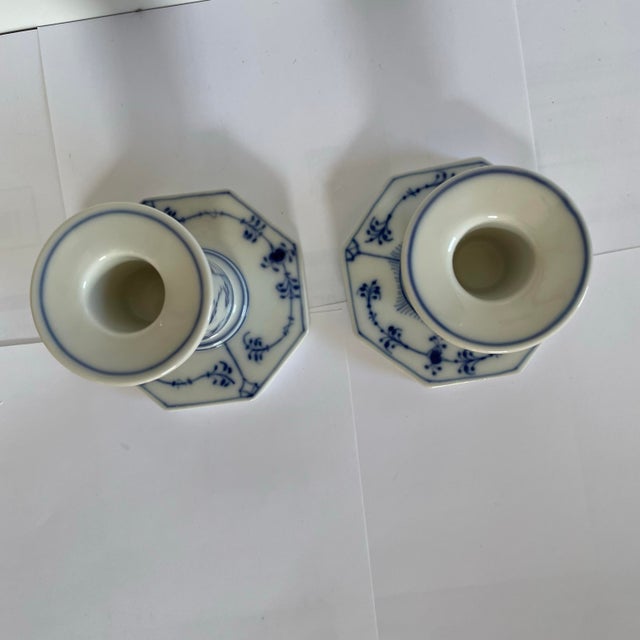 Boho Chic Vintage Royal Copenhagen Blue Fluted Musselmalet Riflet Candle Sticksr - a Pair For Sale - Image 3 of 5