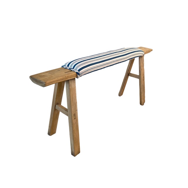 Farmhouse Rustic Em Long Bench W/French Ticking Upholstery For Sale - Image 3 of 10