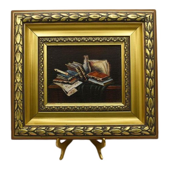 Framed Still Life Book Painting on Canvas in Gilt Frame With Stand For Sale