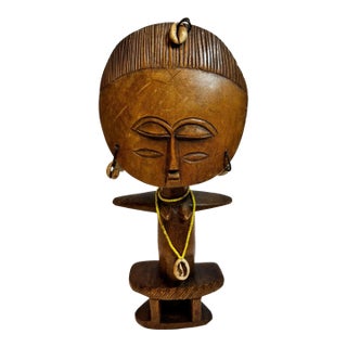 Ashanti Akua’ba Fertility Figure With Cowrie Shells, Ghana, Circa 1930 For Sale