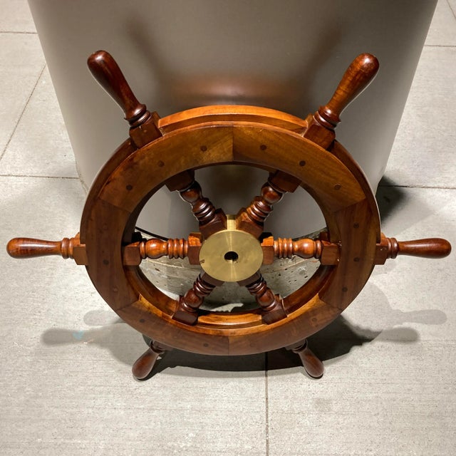 Wood Mid 20th Century Scandinavian Solid Teak Yacht Wheel With Heavy Brass Hub For Sale - Image 7 of 13