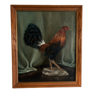 Vintage 1966 Oil Painting on Canvas of a Rooster