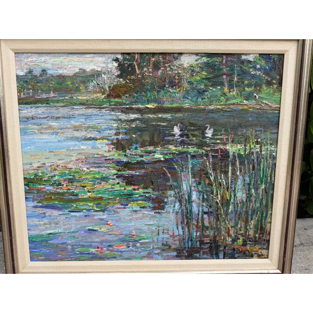 Late 20th Century Lau Chun Water Lily Landscape Oil Painting on Canvas, Framed Impressionist Pond Scene For Sale - Image 5 of 12