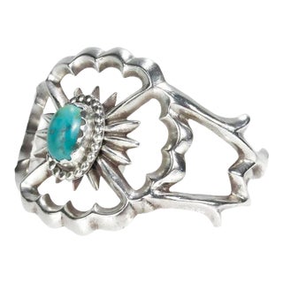 Vintage Native American Navajo Silver & Turquoise Cuff Bracelet For Sale