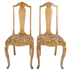 Set of Rococo Dinning Room Chairs in Light Mahogany & Fabric, 1920s