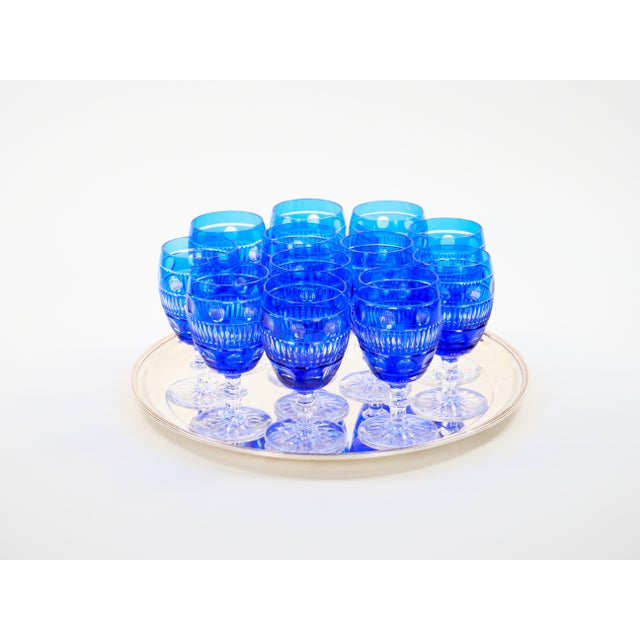Mid-Century Modern Large Val Saint Lambert Cobalt Blue Crystal Wine and Water Service for 12 People For Sale - Image 3 of 14
