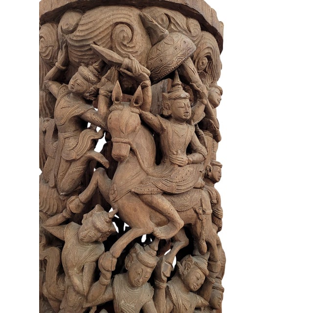 19th-Century Southeast Asian Hand-Carved Teak Temple Pillar Wrap Sculpture For Sale - Image 9 of 18