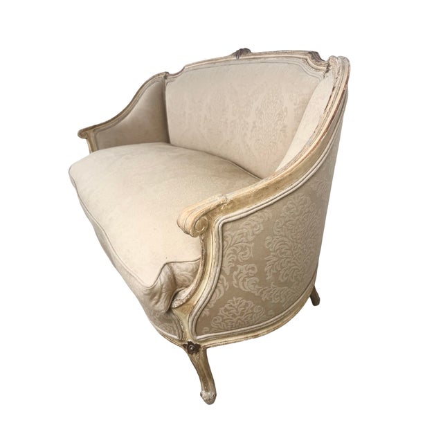 Cream Vintage Louis XV Revival Carved Giltwood Upholstered Settee For Sale - Image 8 of 18