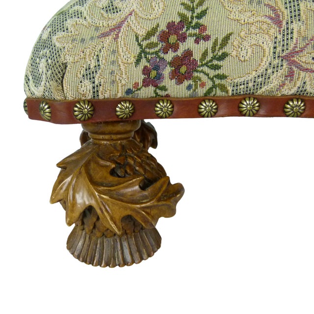 Vintage 1993 MacKenzie-Childs Aurora Carved Leaf Footstool Tapestry Ottoman Accent For Sale In Atlanta - Image 6 of 17