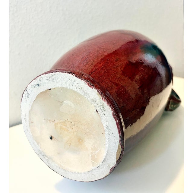 Metal Vintage Oxblood Amphora Vase, Art Deco Red Elephant Handle, Cobalt Drip Glaze For Sale - Image 7 of 12