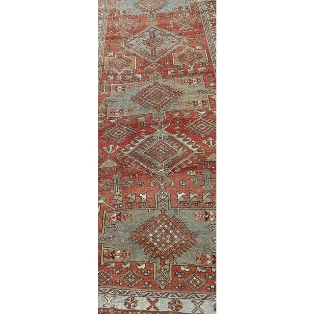 Sub-Geometric Medallion Design Persian Heriz Antique Runner in Red and Gray-Blue For Sale In Atlanta - Image 6 of 12