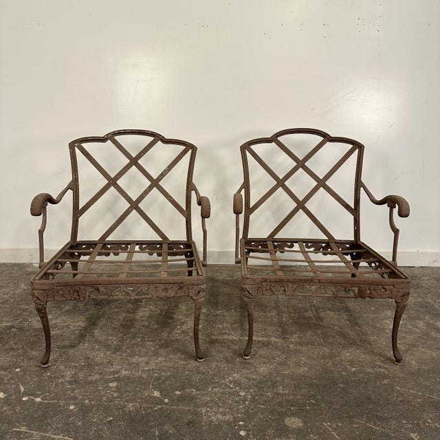 Woodard Furniture Co. Mid 20th Century Woodard Outdoor Iron Lounge Chairs With Cast Metal Ottomans, Attributed, 4 Pieces For Sale - Image 4 of 9