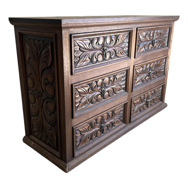 Vintage 1960's Hand Carved Mexican Lowboy Dresser For Sale