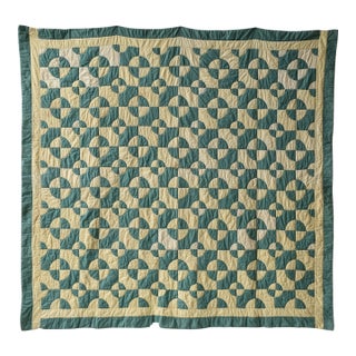 Vintage Teal + Soft Yellow Cotton Drunkard's Path Circle Quilt, Circa 1930s-40s For Sale