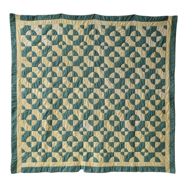 Vintage Teal + Soft Yellow Cotton Drunkard's Path Circle Quilt, Circa 1930s-40s For Sale