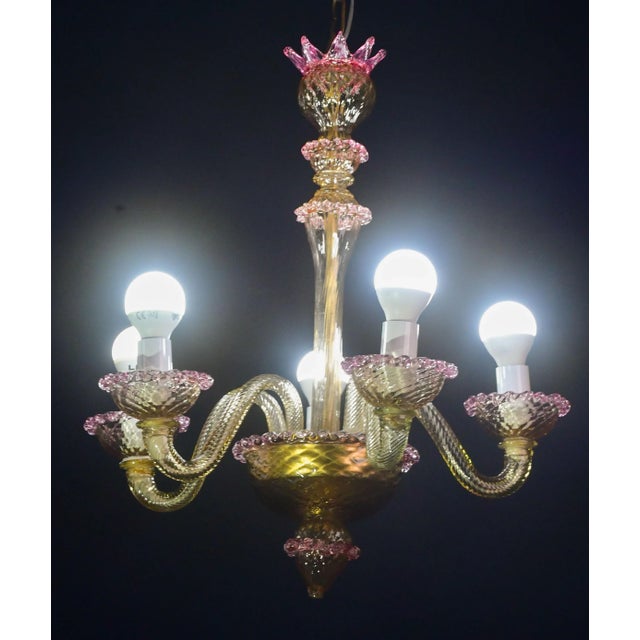 Pretty Venetian Chandelier, Pink and Gold Glass, 1950s For Sale - Image 4 of 15