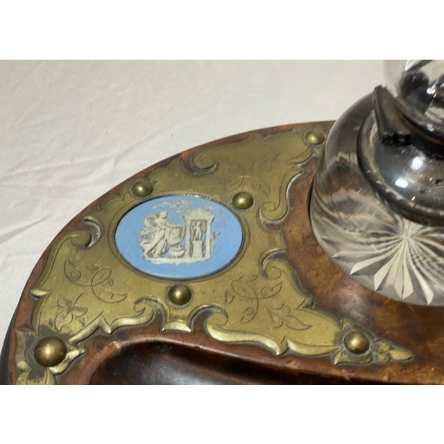 Victorian Antique 19th Century Wood Bronze Porcelain Glass Jasperware Inkwell Stand Jar For Sale - Image 3 of 15