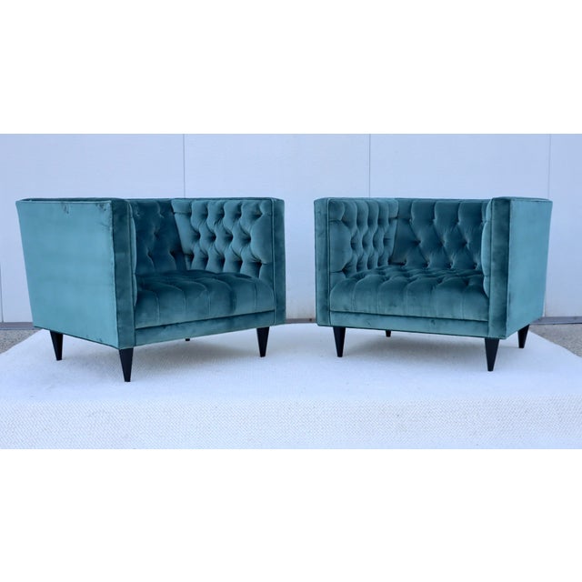 Amazing pair of Stuart Scott Tux tufted club chairs in velvet, handcrafted in England the chairs are well made and very...