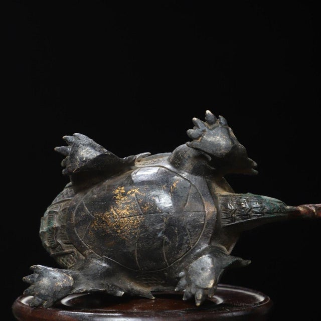 Bronze Late 19th Century Gilt Bronze Dragon Turtle Statue on Wooden Stand, 1.5kg For Sale - Image 8 of 9