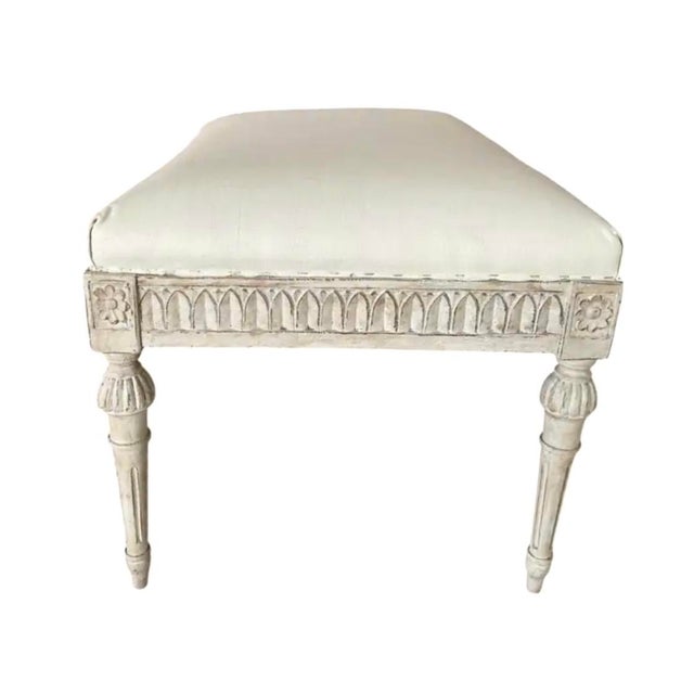 Gustavian (Swedish) Antique Gustavian Carved Painted and Upholstered Stool For Sale - Image 3 of 8