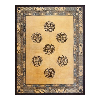 1880s Tan Camel Medallion Antique Chinese Peking Rug 9' X 11'8'' Handknotted Wool Carpet For Sale