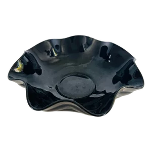 Vintage 1930s Scalloped Edge Black Glass Footed Bowl