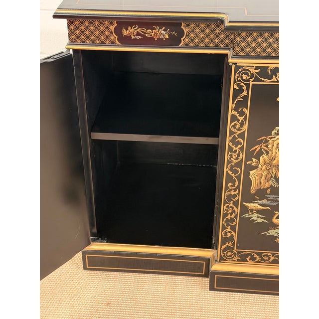 Black Lacquer Hand Painted Chinoiserie Credenza From Drexel Heritage For Sale - Image 9 of 12