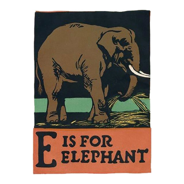1920s, E Is for Elephant Print, Original Vintage Children’s Print, Lithograph, ABCs For Sale