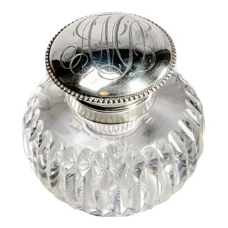Brilliant Large Antique Cut Crystal Paperweight Inkwell With Sterling Silver Lid Luxury Desk Accessory Home Decor For Sale