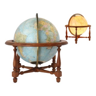 Large Vintage Lighted Globe/ Lamp on Wood Stand For Sale