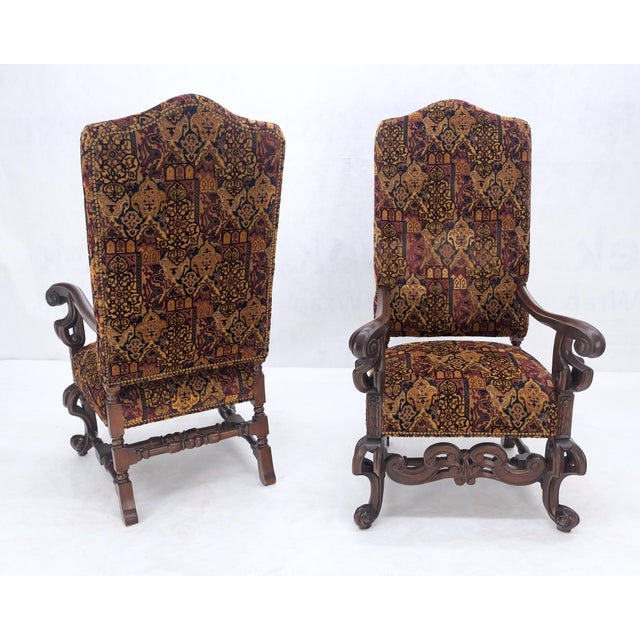 Drexel Pair Gothic Oversized Heavily Carved Walnut Arm Chairs Tall Back Thrones MINT! For Sale - Image 4 of 13