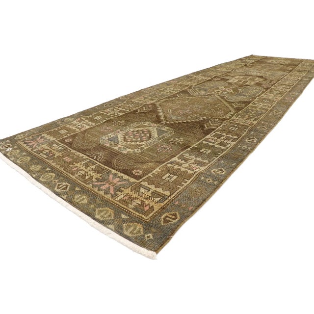 Antique Persian Azerbaijan runner with Modern Tribal Style 03'10 x 13'10. Warm and inviting with a bold tribal design, yet...